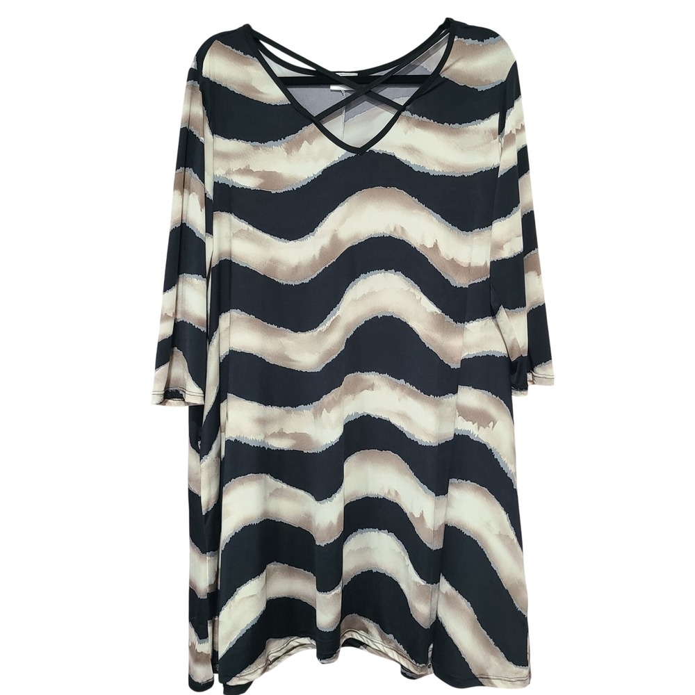 Goldspark XL Tunic Top Wavy Abstract Stripe Strappy V-Neck 3/4 Sleeve Dress